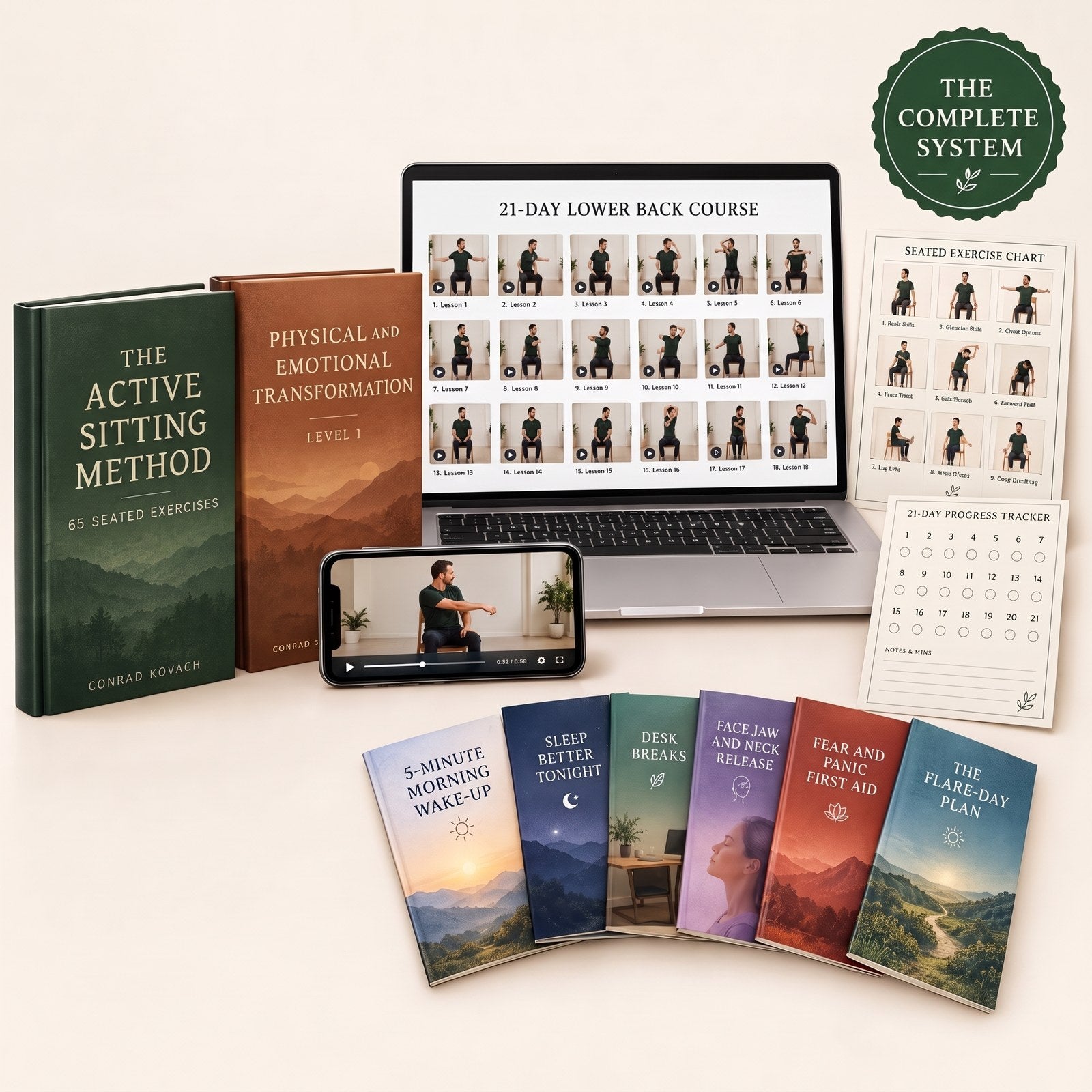 The Complete System: two books, the 21-day video course on laptop and phone, six bonus guides, chart and tracker