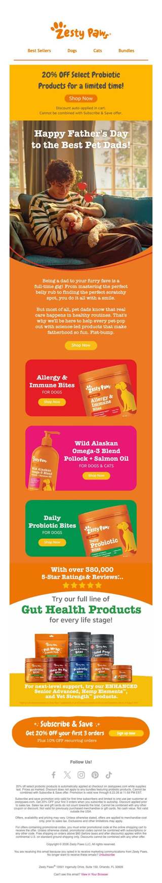 🧡 Pet Dads deserve to save! Enjoy 20% OFF bestie-approved probiotics 🐾