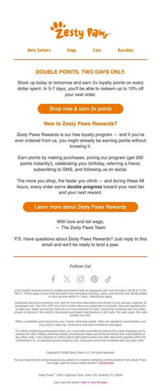 🎉 Double points. Two days only. Meet Zesty Paws Rewards! 🐾