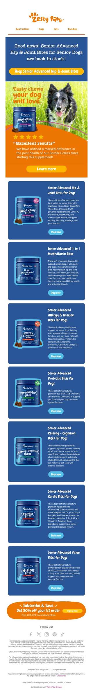 💙 You asked, we restocked! Senior Advanced Hip & Joint Bites are back! 🐶