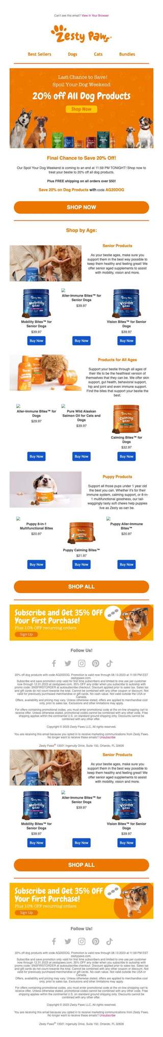 Last chance to spoil your pup with 20% off 🐶🧡